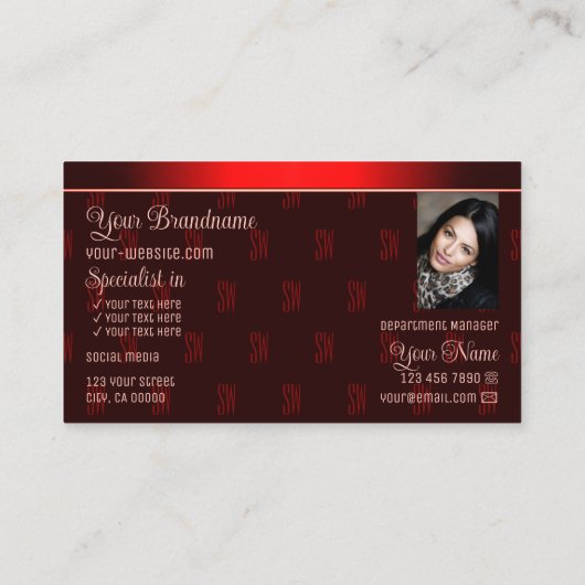 ロゴスタイリッシュ写真とモノグラムを使用したダークレッドシック 名刺 (裏面)