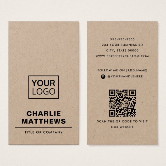 ロゴソーシャルメディアの追加QRクラフト紙名刺 (正面&裏面)