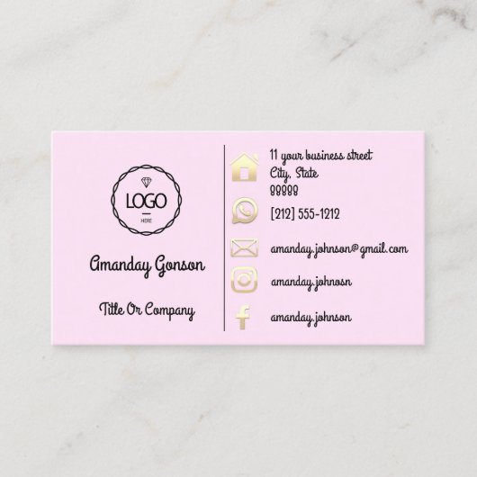 ロゴソーシャルメディア金ゴールドQRコードカスタムピンク 名刺 (正面)