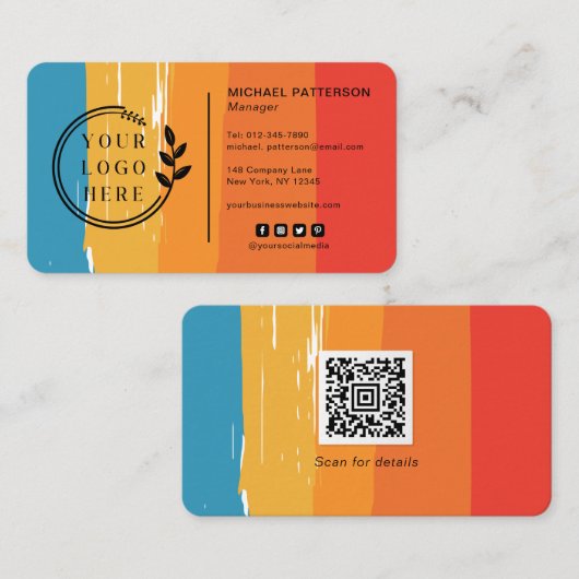 ロゴソーシャルメディアQRコードレトロヴィンテージ ストライプ 名刺 (正面/裏面)