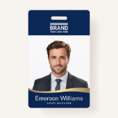 ロゴダークブルーフェイクゴールデンウェーブ従業員名ID バッジ (正面)