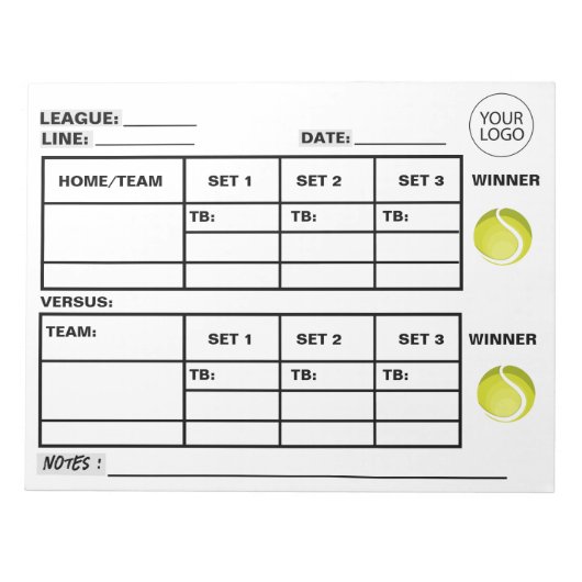 ロゴテニスコアパッドのテニスコアシートを追加する ノートパッド (正面)