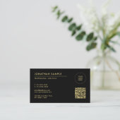 ロゴテンプレートのアップロードQRコードブラック&金ゴールド 名刺 (スタンド正面)