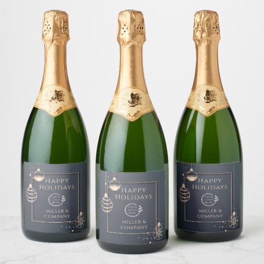 ロゴハッピーホリデーズクリスマス企業のモダン スパークリングワインラベル (ボトル)
