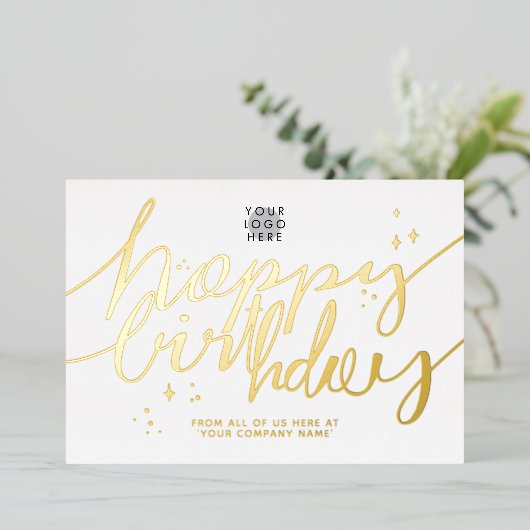 ロゴハンドスクリプトビジネス誕生日ゴールドフォイルカード 箔招待状 (立ち正面)