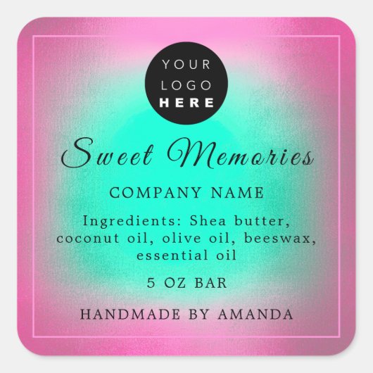 ロゴバター化粧石鹸製品ラベルピンクグリーン スクエアシール (正面)