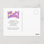 ロゴパープルグリーンおもしろいクレヨン手書き誕生日 ポストカード (裏面)