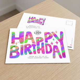 ロゴパープルグリーンおもしろいクレヨン手書き誕生日 ポストカード