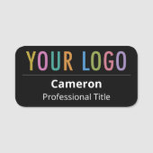 ロゴピンまたはマグネット付き丸いブラックネームタグ 名札 (正面)