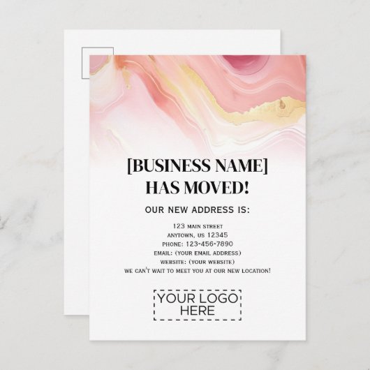 ロゴピンクの金ゴールド大理石ビジネスの動きのお知らせ ポストカード (正面/裏面)