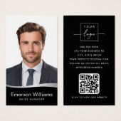 ロゴフェイク銀波写真QRブラックビジネスカード (正面&裏面)