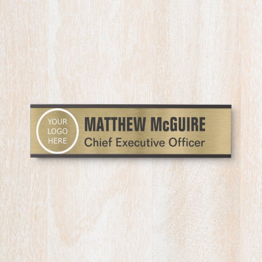 ロゴブラシ付きアンティーク金ゴールドルックオフィス サインプレート (正面)