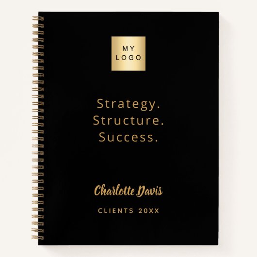 ロゴブラック金ゴールドやる気を起こさせる引用文事業 ノートブック (正面)