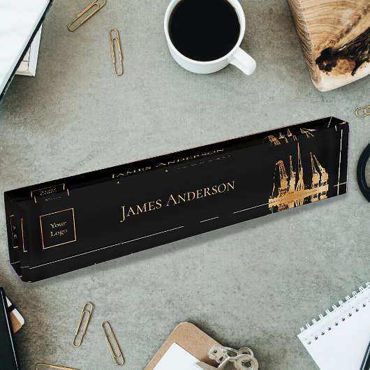 ロゴブラック金ゴールド建築クレーン業界 デスクネームプレート