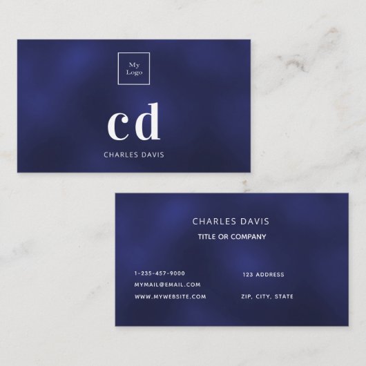 ロゴブルーホワイトモノグラムイニシャルミニマル 名刺 (正面/裏面)