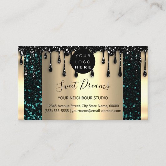 ロゴヘアメイクアップ爪、 ネイルドリップスパQRCodeティール（緑がかった色）金ゴールド 名刺 (正面)