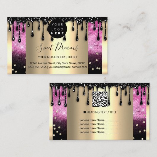 ロゴヘアメイクアップ爪、 ネイルドリップスパQRCodeピンク 名刺 (正面/裏面)