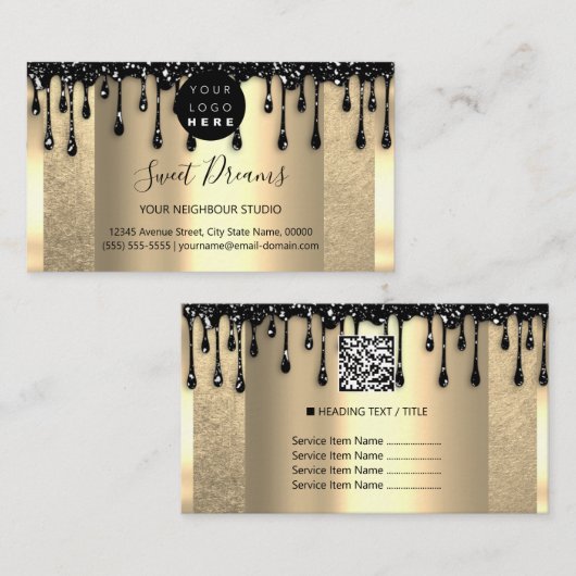 ロゴヘアメイクアップ爪、 ネイルドリップスパQRCode金ゴールドスタジオ 名刺 (正面/裏面)