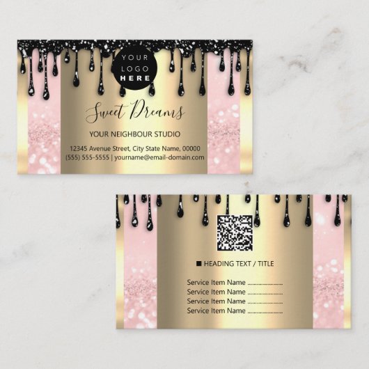 ロゴヘアメイクアップ爪、 ネイルドリップスパQRCode金ゴールドピンク 名刺 (正面/裏面)