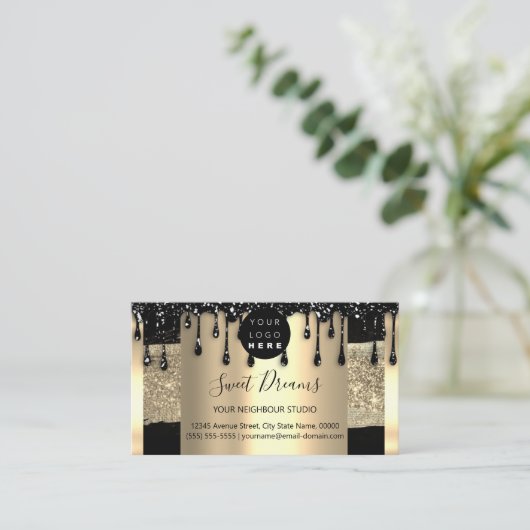 ロゴヘアメイクアップ爪、 ネイルドリップスパQRCode金ゴールドブシン 名刺 (スタンド正面)