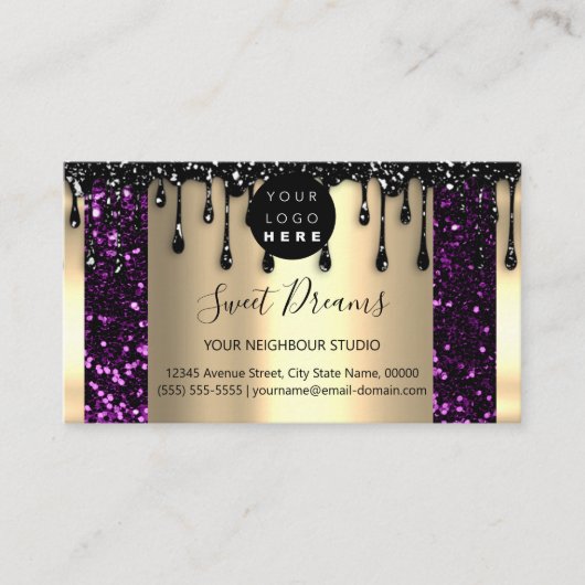 ロゴヘアメイクアップ爪、 ネイルドリップスパQRCode金ゴールド紫 名刺 (正面)