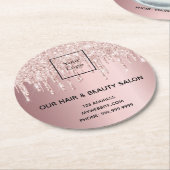 ロゴヘア美しいサロンバラ金ゴールドピンクグリッタードリップ ラウンドペーパーコースター (アングル)