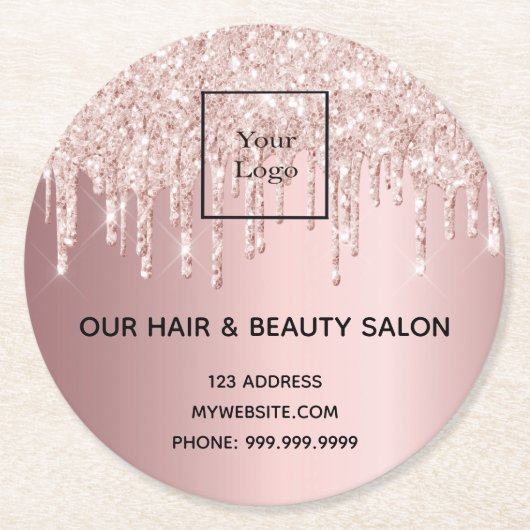 ロゴヘア美しいサロンバラ金ゴールドピンクグリッタードリップ ラウンドペーパーコースター (正面)