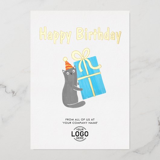 ロゴマークかわいい猫ブルーのギフト誕生日 箔招待状 (正面)