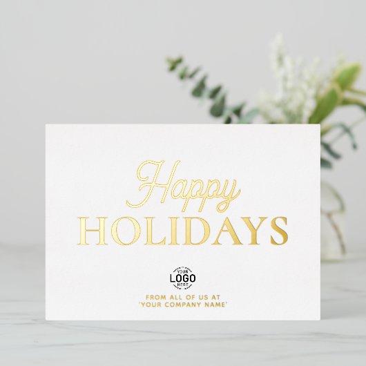 ロゴミニマリストホワイトビジネスホリデーカード 箔招待状 (立ち正面)