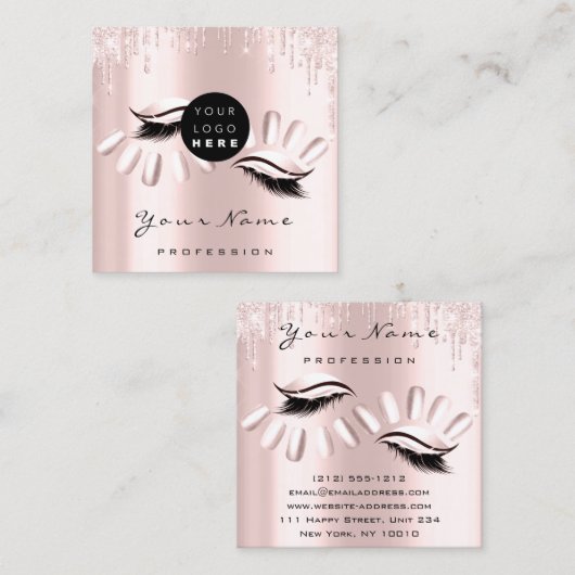 ロゴメイクアップアーティストヘア爪、 ネイルフローラバラピンク スクエア名刺 (正面/裏面)