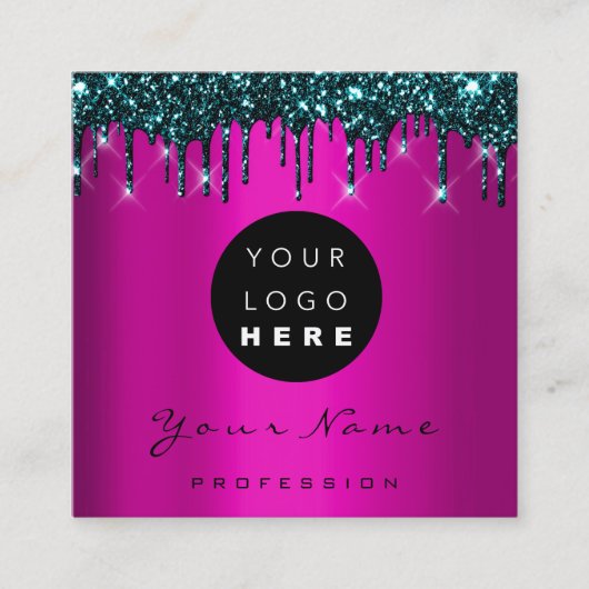 ロゴメイクアップブティックグリッターピンクネイビードリップス スクエア名刺 (正面)