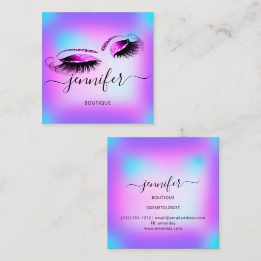 ロゴメイクアップブティックラッシュスタジオホットホログラフ スクエア名刺 (正面/裏面)