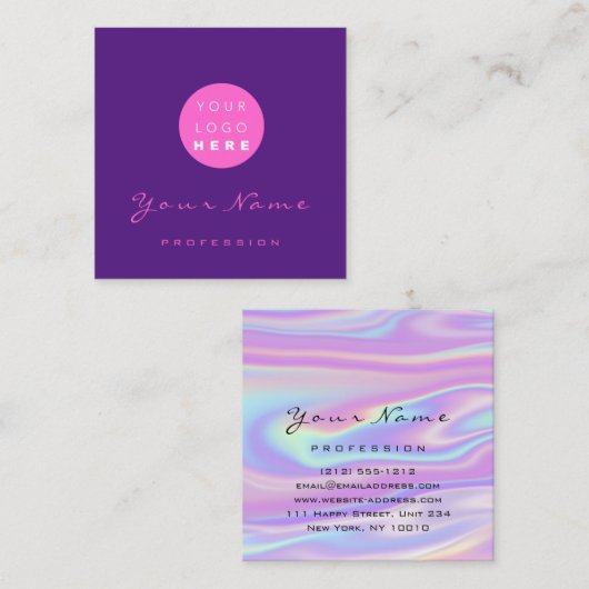ロゴメイクアップヘア爪、 ネイルフローラホログラフィパープル スクエア名刺 (正面/裏面)