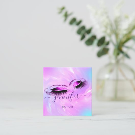 ロゴメイクアップラッシュエクステンションStudioホログラフィピンク スクエア名刺 (スタンド正面)