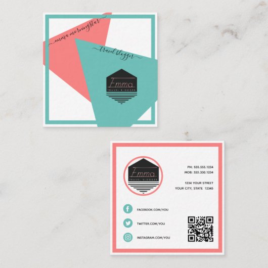 ロゴモダンソーシャルメディアの幾何学的な色 スクエア名刺 (正面/裏面)