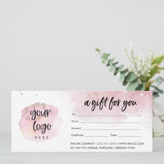 ロゴモダン付きピンクビジネスギフト証明書 (スタンド正面)