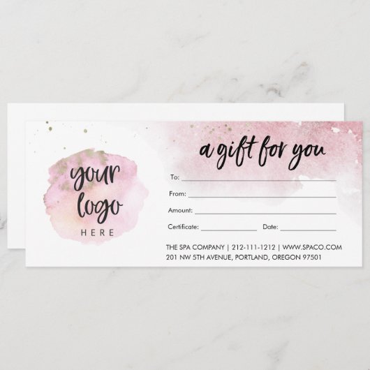 ロゴモダン付きピンクビジネスギフト証明書 (正面/裏面)