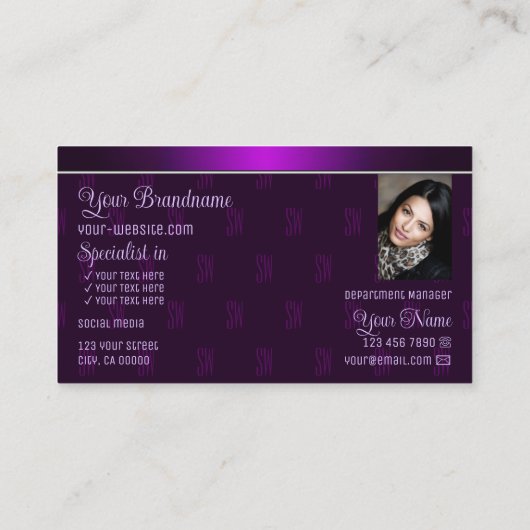 ロゴモダン付き紫色の写真とモノグラムパターン 名刺 (裏面)