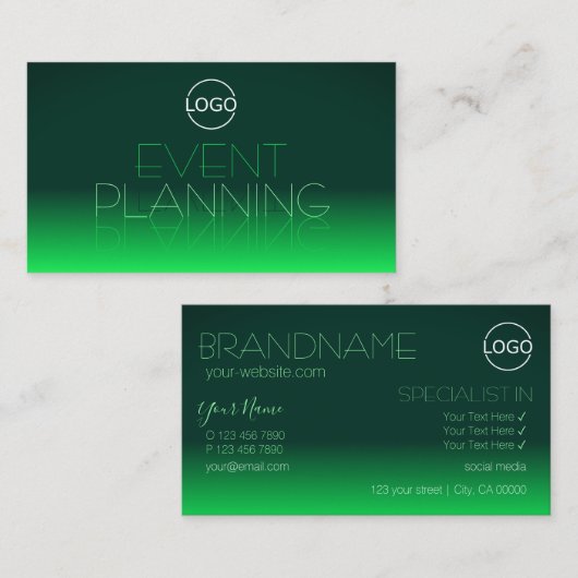 ロゴモダン付き緑のグラデーションシック鏡フォント 名刺 (正面/裏面)