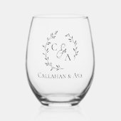 ロゴ付きの上品な新郎新婦の名パーソナライズされた前 ステムなしワイングラス (正面)
