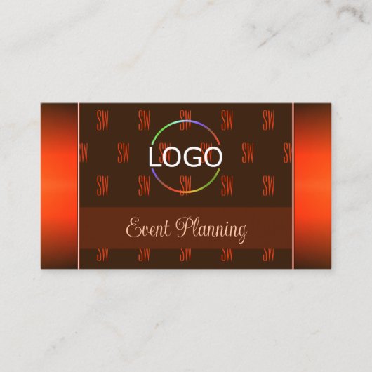 ロゴ付きオレンジ色の茶色とモノグラムパターン 名刺 (正面)