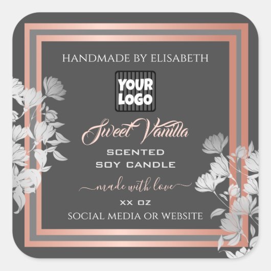 ロゴ付きグレー製品パッケージングラベルバラ金ゴールド スクエアシール (正面)