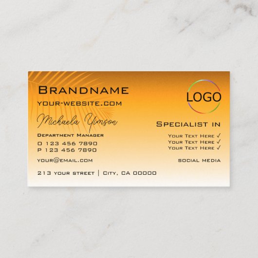 ロゴ付きシックなオレンジ色のグラデーションパームスタイリッシュリーフ 名刺 (裏面)