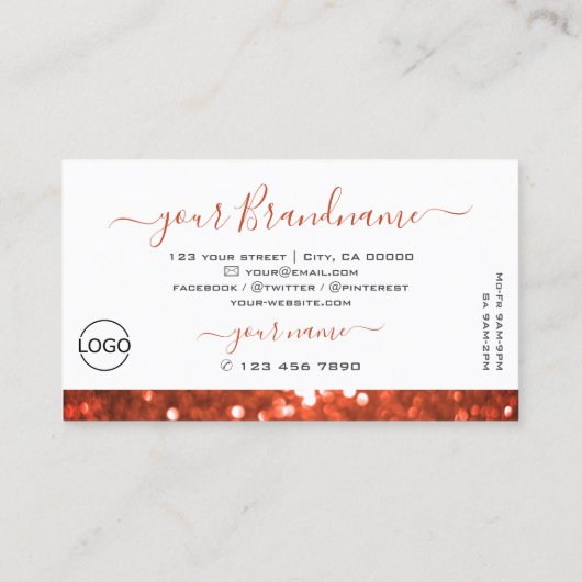 ロゴ付きシックなホワイトサーモンオレンジのスパークルグリッター 名刺 (裏面)