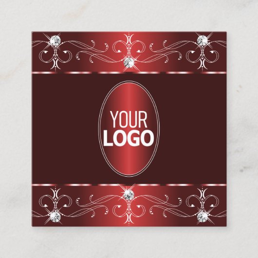 ロゴ付きシックなワインレッド華美ブルゴーニュオーナメント スクエア名刺 (正面)