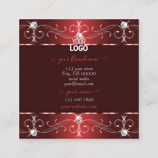 ロゴ付きシックなワインレッド華美ブルゴーニュオーナメント スクエア名刺 (裏面)