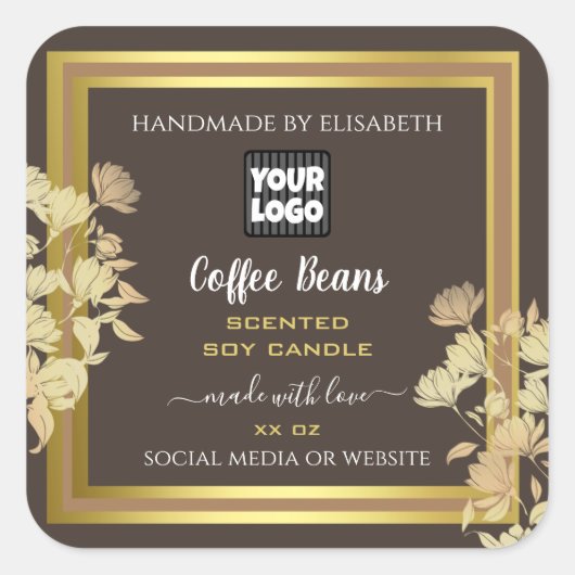 ロゴ付きシックな製品パッケージングラベル茶色金ゴールド スクエアシール (正面)