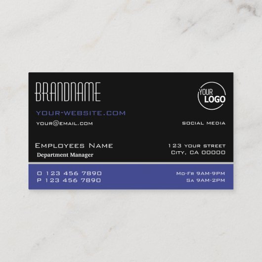 ロゴ付きシックな黒シンプル青と白スタイリッシュの 名刺 (裏面)