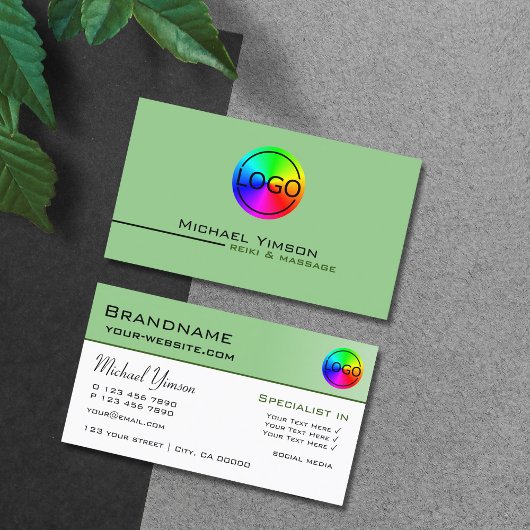 ロゴ付きセージシンプルグリーンとホワイトプロフェッショナル 名刺