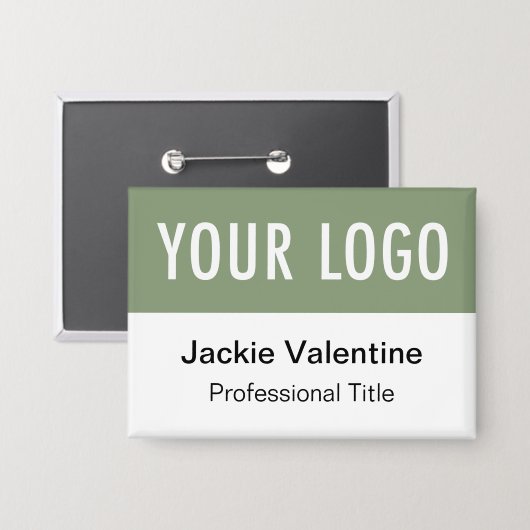 ロゴ付きセージ緑ボタンバッジピンバック名タグ 缶バッジ (正面/裏面)